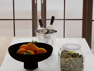 Modern Kitchen Interior With Marble Countertop Black Bowl Oranges Ice Bucket And Glass Jar Nuts 3d model