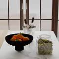 Modern Kitchen Interior With Marble Countertop Black Bowl Oranges Ice Bucket And Glass Jar Nuts