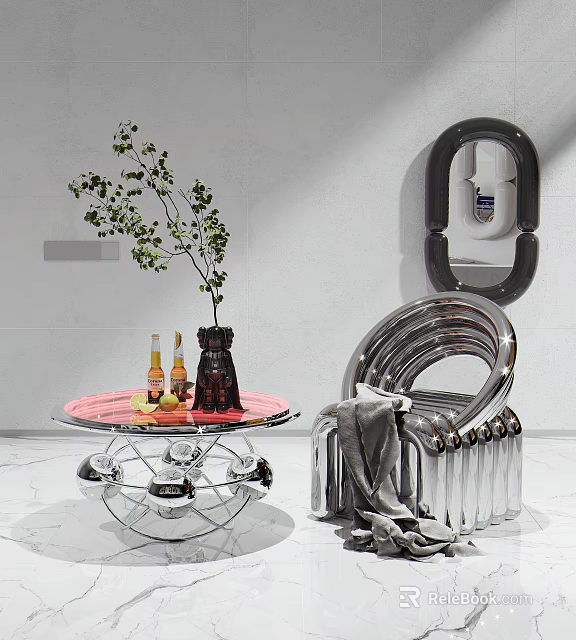 Modern Silver Metal Single Chair With Glass Table And Decorative Items 3d model 
