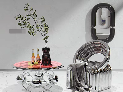 Modern Silver Metal Single Chair With Glass Table And Decorative Items 3d model