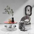 Modern Silver Metal Single Chair With Glass Table And Decorative Items