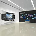 Spacious Modern Hall With Large Display Screen Showcasing City Landscape Glass Skylight And Display Counters