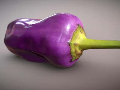 Vibrant Fresh Ripe Purple Eggplant With Green Stem On Gray Background 3d model