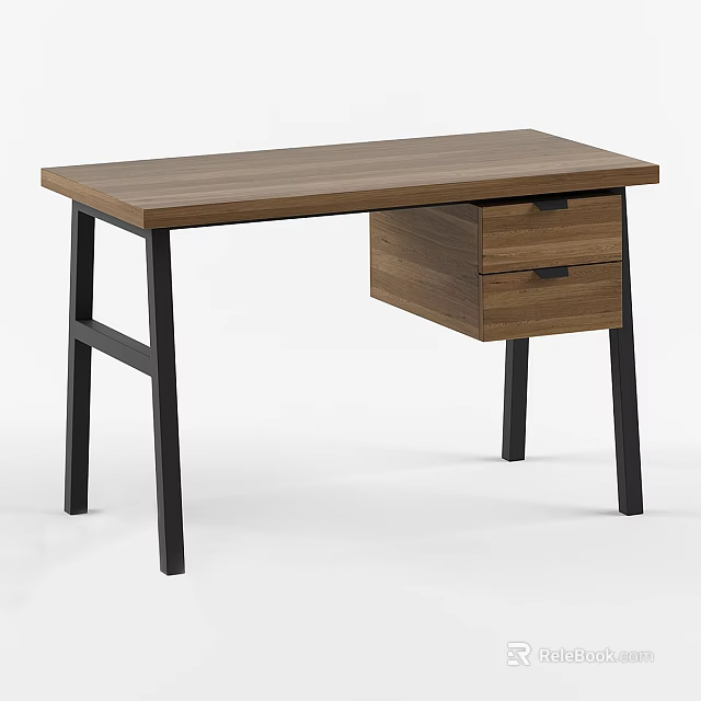 Modern Wooden Desk With Brown Top Two Drawers And Black Metal Legs 3d model 