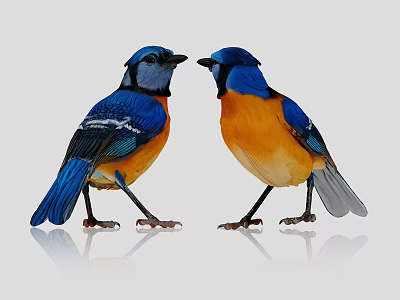Two Vibrant Blue Orange Birds with White Feathers Standing Face to Face on Light Background 3d model
