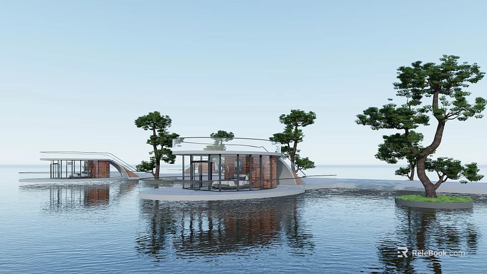 Waterfront Modern Boutique Hotel Building With Glass Facade Brick Walls Trees And Water Reflections 3d model 