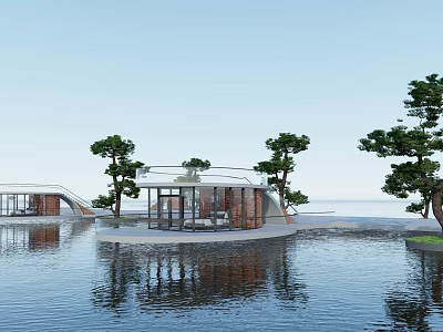 Waterfront Modern Boutique Hotel Building With Glass Facade Brick Walls Trees And Water Reflections 3d model