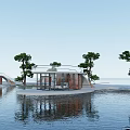 Waterfront Modern Boutique Hotel Building With Glass Facade Brick Walls Trees And Water Reflections
