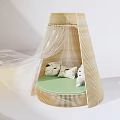 Modern Outdoor Chair with Conical Structure Green Cushion White Pillows and Transparent Curtains