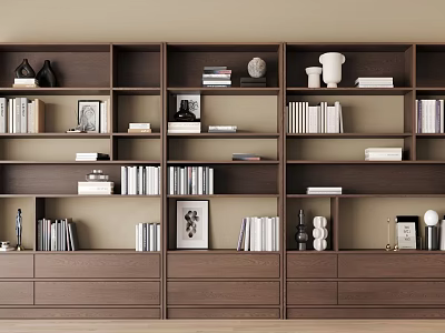 Modern Dark Brown Bookcase Interior Design With Multiple Shelves Drawers Books And Decorative Items 3d model