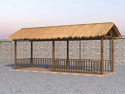 Traditional Thatched Roof Pavilion With Wooden Railing And Stone Wall Background 3d model