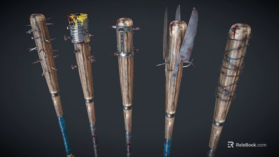 Modified Baseball Bats As Weapons With Nails Blades And Bloodstains 3d model 