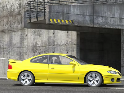 Yellow Two Door Sports Car With Spoiler And Silver Wheels Under Concrete Bridge 3d model