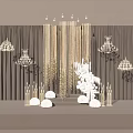 Elegant Floral Decor Stage Design With Golden Curtains White Flowers Chandeliers And Candle Holders