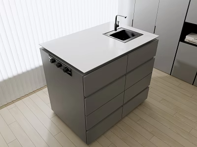 Modern Kitchen Island With Grey Cabinets White Countertop Sink Faucet Wooden Floor Blinds 3d model