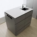 Modern Kitchen Island With Grey Cabinets White Countertop Sink Faucet Wooden Floor Blinds