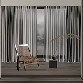 Rattan Single Chair In Cozy Interior With Large Window Curtains And Potted Plant