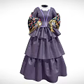 Purple Dress With Fitted Waist Layered Skirt White Lace Collar And Colorful Floral Sleeves