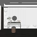 Modern Minimalist Dressing Table With Round Mirror Vase And Cosmetics On Vertical Panel Wall