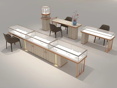 Elegant Jewelry Store Interior With Glass Display Cases Wooden Tables And Comfortable Chairs 3d model