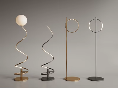 Modern Floor Lamps With Spiral Circular Ring Stands Gold Black Bases And White Spherical Shades 3d model