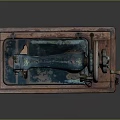 Vintage Blue Sewing Machine With Rustic Finish On Wooden Base