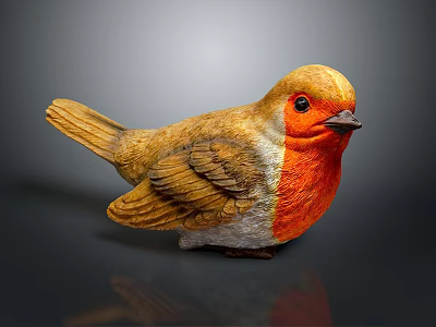 Vibrant Bird Sculpture With Orange Chest Yellow Head Wings On Reflective Grey Surface 3d model