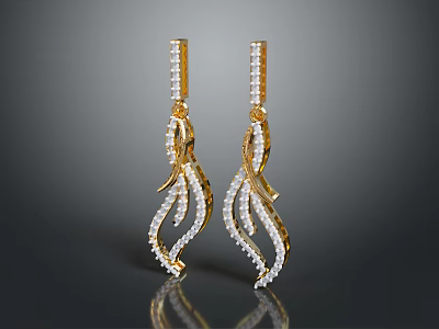 Elegant Golden Earrings With Curved Design And Sparkling Diamond Accents 3d model