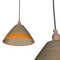 Wooden Pendant Lights with Conical Shades Orange Trim Copper Bases Against White Wall Background