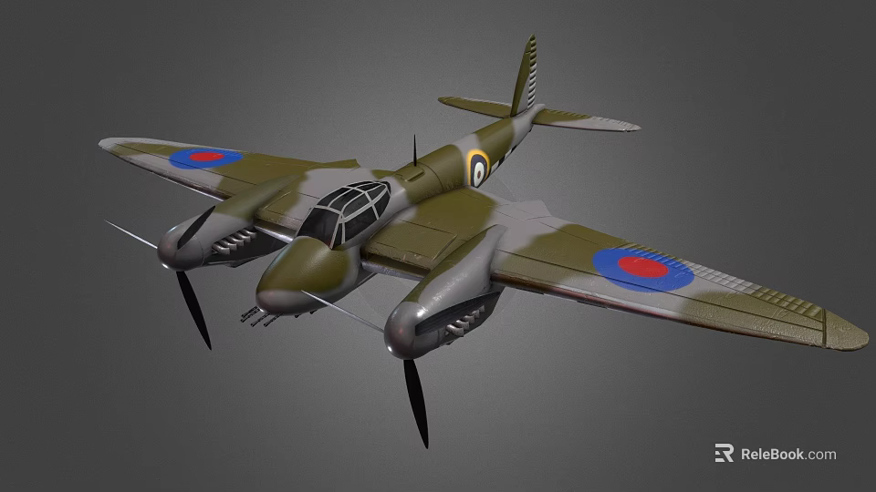 WWII Fighter Plane With Green Brown Camouflage Twin Propellers And Round Wing Insignia 3d model 