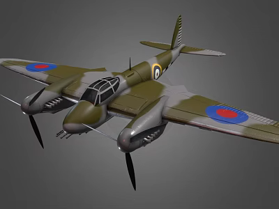 WWII Fighter Plane With Green Brown Camouflage Twin Propellers And Round Wing Insignia 3d model