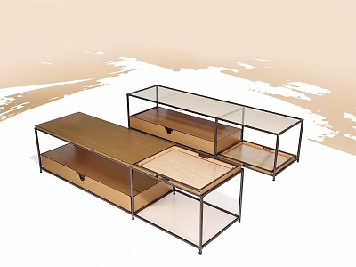 Modern Storage Cabinet Shelf With Wooden Top Metal Frame Glass Doors And Drawers 3d model