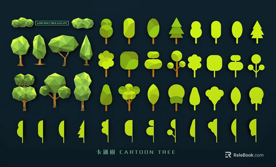 Green Cartoon Trees Wall Decor With Various Shapes For Home Interior 3d model 