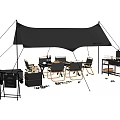 Outdoor Table And Chairs Set Under Black Canopy With Grill And Wooden Crate