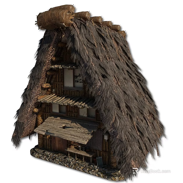 Traditional Thatched House With Rustic Wooden Structure Balcony Windows And Thatch Roof Design 3d model 