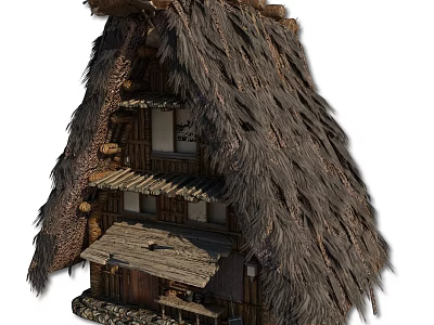 Traditional Thatched House With Rustic Wooden Structure Balcony Windows And Thatch Roof Design 3d model