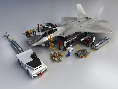 Advanced Fighter Jet Maintenance Scene With Ground Crew Weapons And Support Equipment 3d model