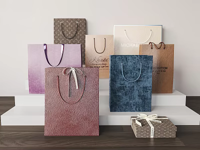 Colorful Shopping Bags and Gift Boxes with Ribbon Bows Textured Surfaces Various Tones 3d model