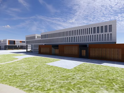 Modern School Building Exterior With Green Lawn Open Square And Contemporary Facade Design 3d model