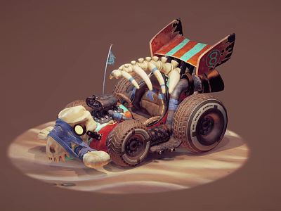 Creative Vehicle Model With Skeleton Parts Colorful Tires And Small Flag 3d model