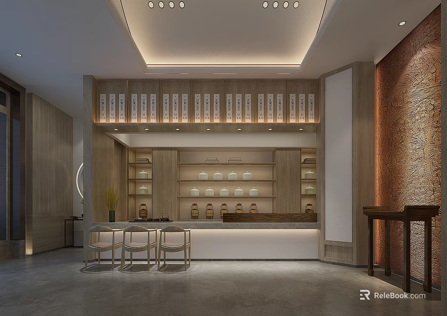 Elegant Modern Store Front Desk Interior With Display Shelves Bar Stools And Lighting 3d model 