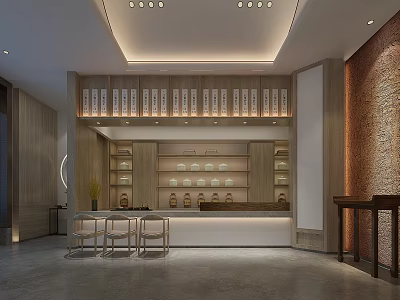Elegant Modern Store Front Desk Interior With Display Shelves Bar Stools And Lighting 3d model