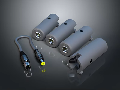 Gray Cylindrical Electronic Devices With Cable Connector And Interface Components 3d model