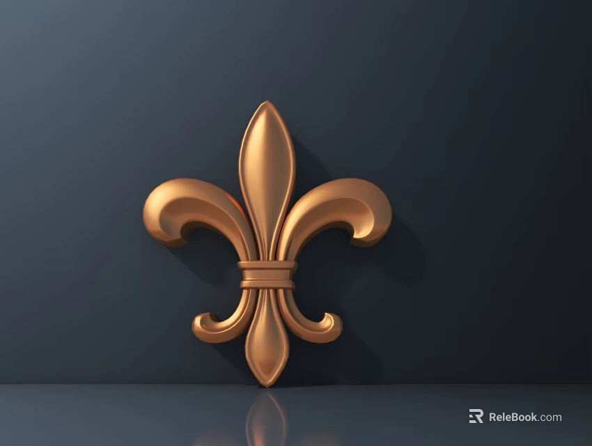 Golden Fleur de Lis Decorative Carving on Dark Background with Reflection 3d model 