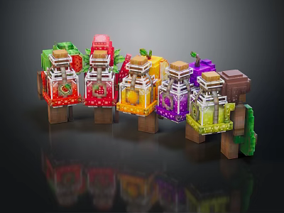 Colorful Fruit Themed Minecraft Style Drink Bottles On Wooden Stands With Transparent Design 3d model