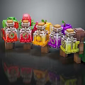 Colorful Fruit Themed Minecraft Style Drink Bottles On Wooden Stands With Transparent Design