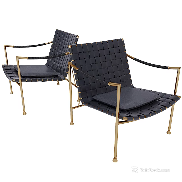 Modern Dining Chairs With Gold Metal Frame Woven Design And Black Cushions 3d model 