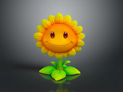 Cartoon Sunflower With Smiling Face Yellow Petals Orange Center And Green Stem Leaves 3d model