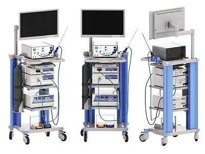 Professional Medical Equipment Carts With Monitors Wheels And Storage Layers 3d model