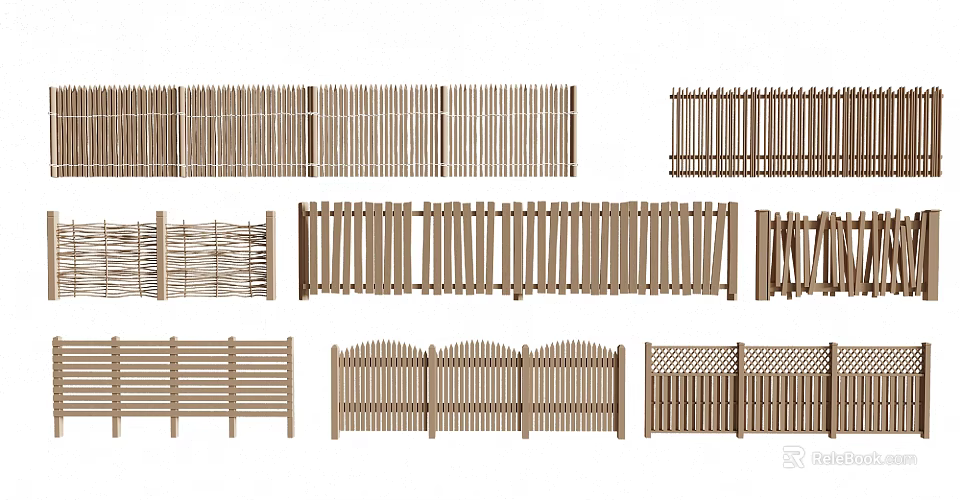 Wooden Fence Collection Featuring Vertical Slats Lattice Patterns And Picket Styles For Outdoor Use 3d model 